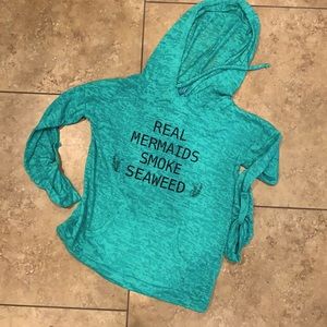 Teal hooded sheer long-sleeve top